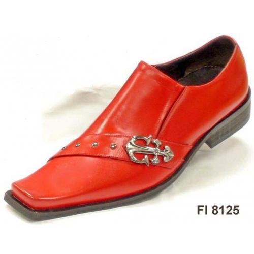 Fiesso Red Leather Shoes With Metal Anchor Buckle And Metal Studs On The Strap FI8125